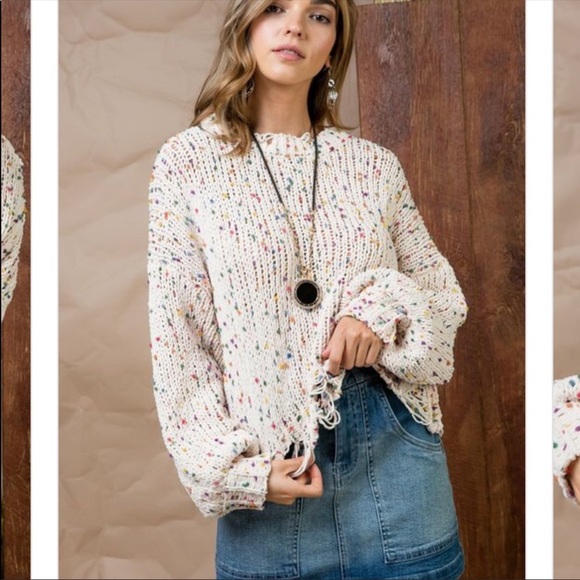 πHPπ Cream Cropped Confetti Distressed Sweater - Picture 6 of 8